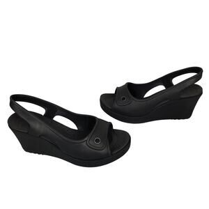 Crocs Womens Havana Slingback Wedge Peep Toe Sandals Sz 9 Black Casual Footwear